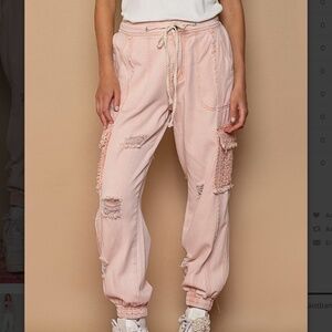 🩵 $69 STARTS #363 POL Pink Denim Jogger Pants Jeans with Crochet Detail